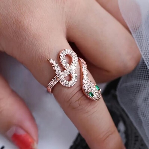 Alternate view of Gold Plated Snake Ring With Emerald Eyes Serpent Statement Jewelry