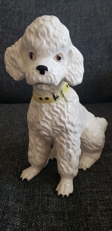 Vintage Japan Ceramic Glazed White Poodle 8 Inch Statue