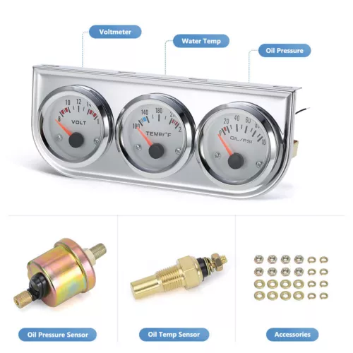 Universal 2"52mm Chrome Oil Pressure Water Temp Volt Meter Triple Gauge Set 3in1 - Bild 3 von 13