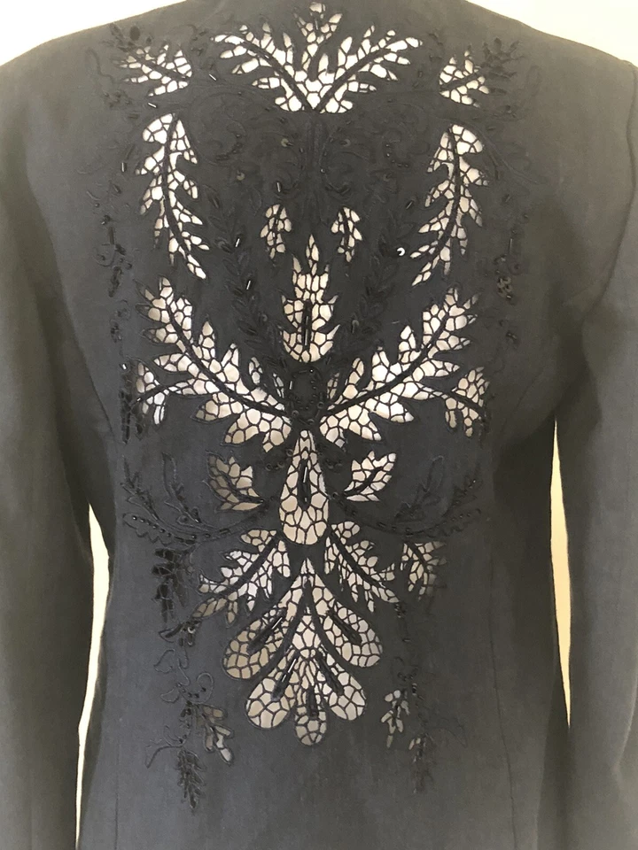 Blazer Chaqueta Elie Tahari Talla 10 Azul Marino Con Cordones Adornado Lino Poli Informal Foto 4 de 4