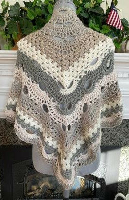 Handmade crochet triangle VIRUS shawl wrap scarf striped acrylic wool gray beige