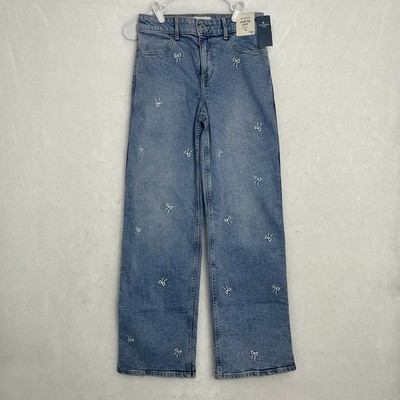 Abercrombie Kids High Rise Wide Leg Embroidered Bow Jeans Sz 13/14L