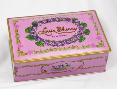 Louis Sherry New York Chocolate Tin ½ lb Orchid Color with Violets 6.25  wide