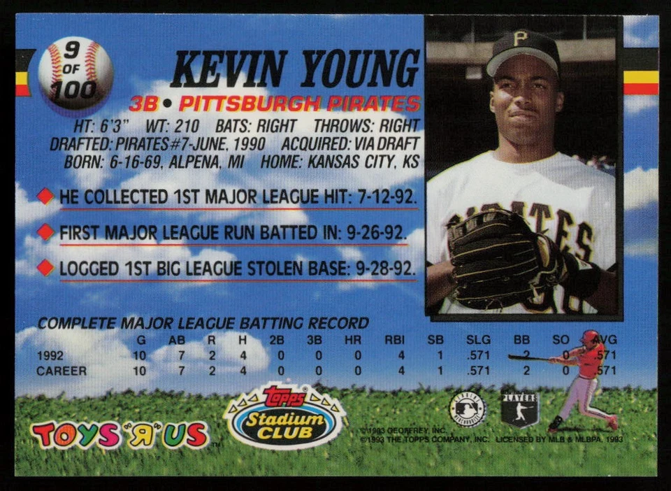 1993 Stadium Club Toys "R" Us #9 Kevin Young Pittsburgh Pirates - Image 2 of 2