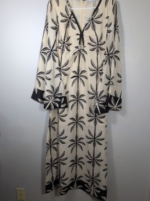 LA MAISE Abena Midi Dress Black Cream Tropical Kaftan US Small New