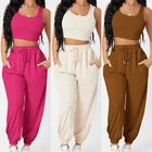 Women Crop Top + Pants Knitted Casual Camisole + Sports Pants Fashion Sleeveless