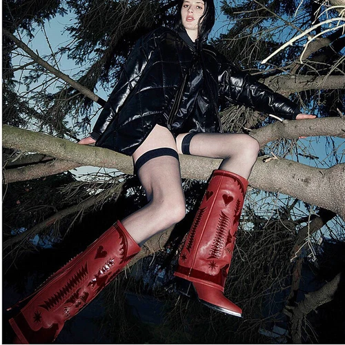 Women Western Pointy Toe Knight Boots Bikers Occient Leather Shoes Block Heel