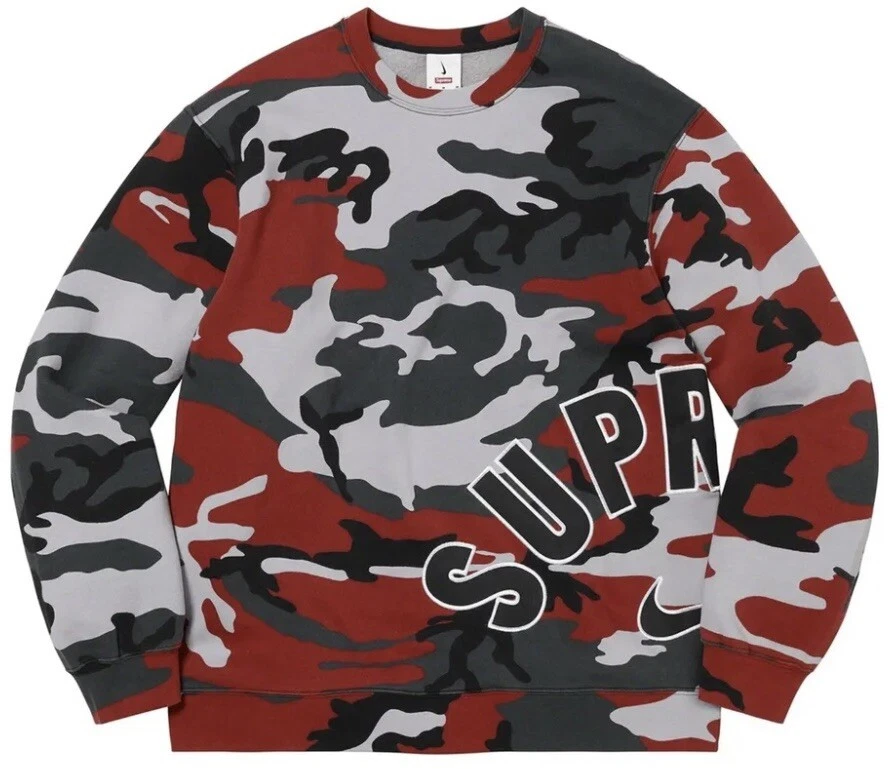 Pull à manches longues homme Supreme Nike Arc Crewneck NEUF rouge camouflage taille grande