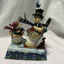 Vtg Primitive Tin Sankyo Christmas Wind Up Music Box Sledding Animated Snowman