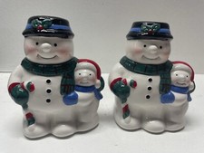 Vintage Snowman With Snowkid candle holder set of 2 hand decorated ceramic