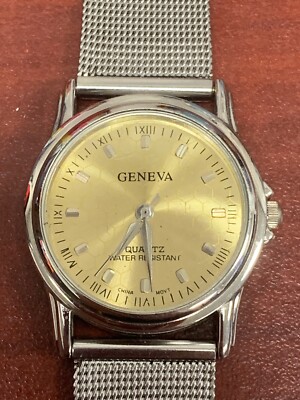 Men's Geneva Gold Tone Face Watch With Metal Mesh Wristband & New Battery