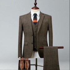 Men Brown Plaid 3 Piece Tweed Vintage Check Retro Groom Prom Tuxedo Wedding Suit