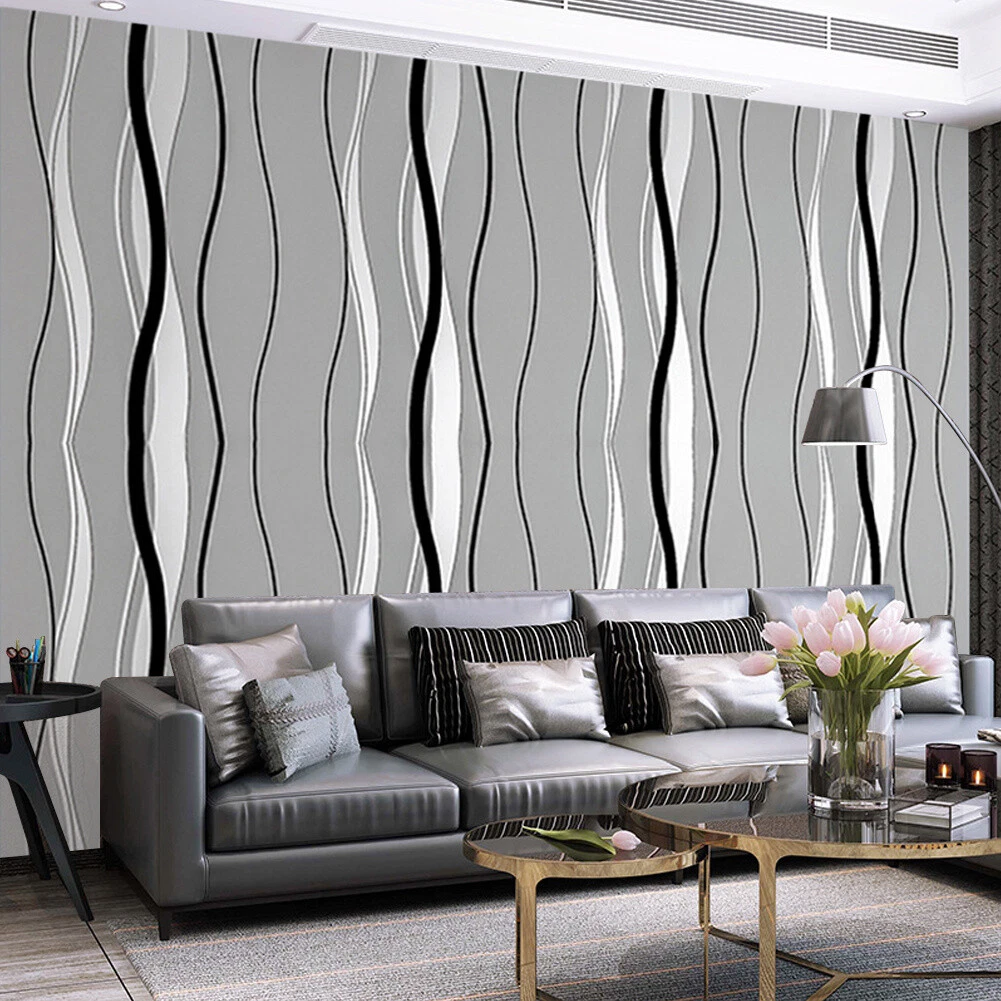 3D Damask Sliver Wave Wallpaper Roll Home Decor Dark Grey Wall