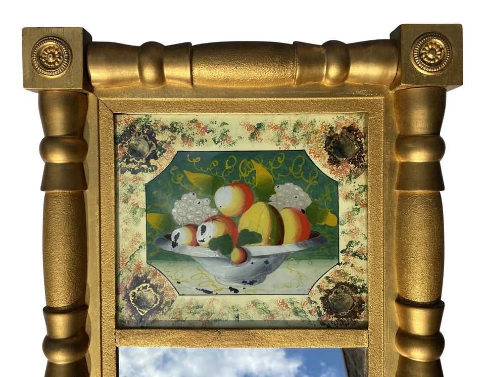 ESPELHO DOURADO SHERATON ANTIGO DO SÉCULO 19 COM CESTA DE FRUTAS PINTADA AO CONTRÁRIO - Imagem 4 de 4