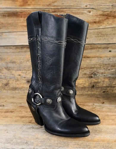 Dan Post Nina Black Leather Tall Harness Boots Size 7M