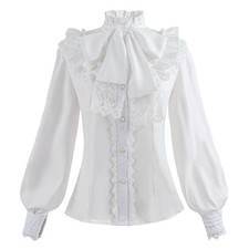 Damen Viktorianisch Bluse Vintage Schleifenhemd Stehkragen Langarmshirt