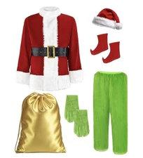 Christmas Green Furry Monster Santa Costume for Men 8 PCS Adult Santa Suit (L)