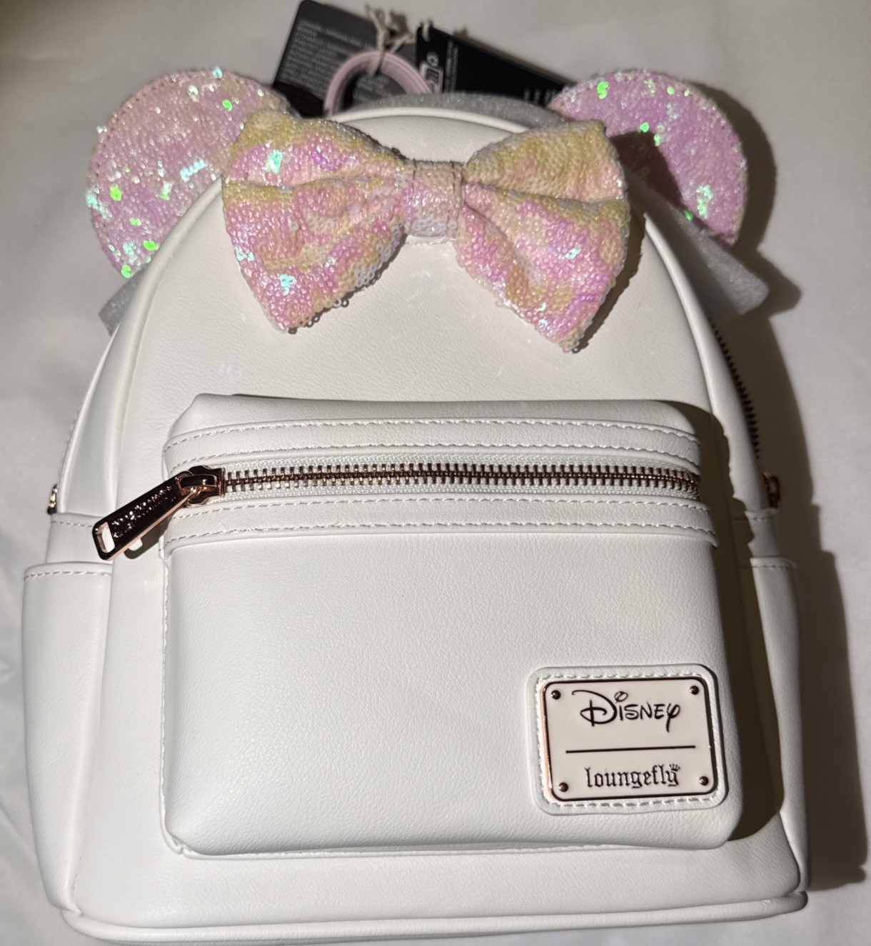 Disney Loungefly Minnie Mouse White with Iridescent Sequins Mini Backpack NWT