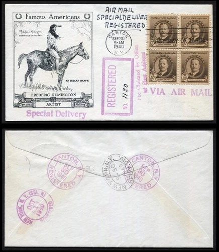 1940 Remington Indian Brave on Horseback Registered Airmail Special Delivery FDC