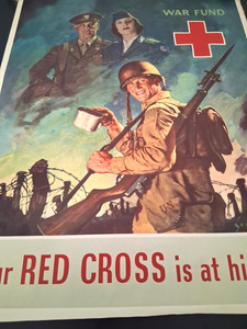 Original WWII Vintage Poster Jes Schlaikjer 1943 Your Red Cross Is At His Side