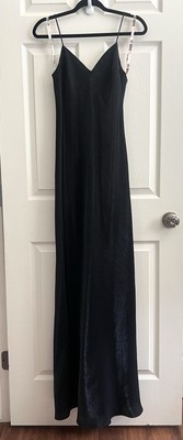 DE LARU Sheila Yen Vintage 90 s Y2K Shiny Black Satin Maxi Slip Dress Sz 10