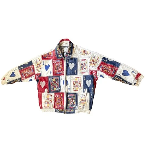 Leather Man Playing Cards Jacket Mens 6XL White Red Blue Fair Vintage 90s Bomber - product listing photo
