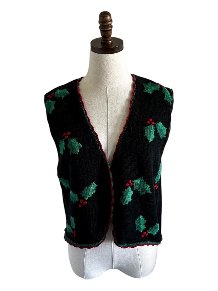 Винтажный 90-х Bechamel Рождественский жилет женщин L черный Holly листья ягоды вязаный топ - Изображение 4 из 4