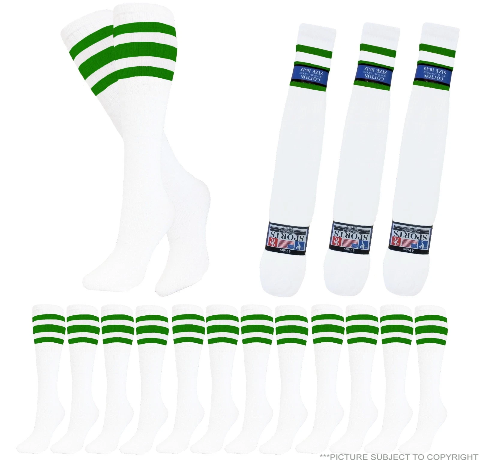 12 PAIRS TUBE SOCKS WHITE with GREEN Stripes LONG OLD SCHOOL SOCKS SIZE 10-15