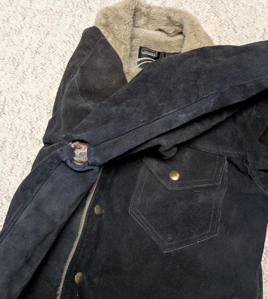 1970s vintage COWHIDE split-suede WESTERN sherpa jacket 38 black TRUCKER cowboy - product detail image 8