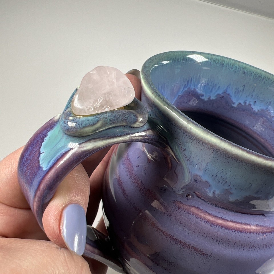 Healing Touch Pottery Purple Blue Drip Glaze Rose Quartz Stone Mug Cup