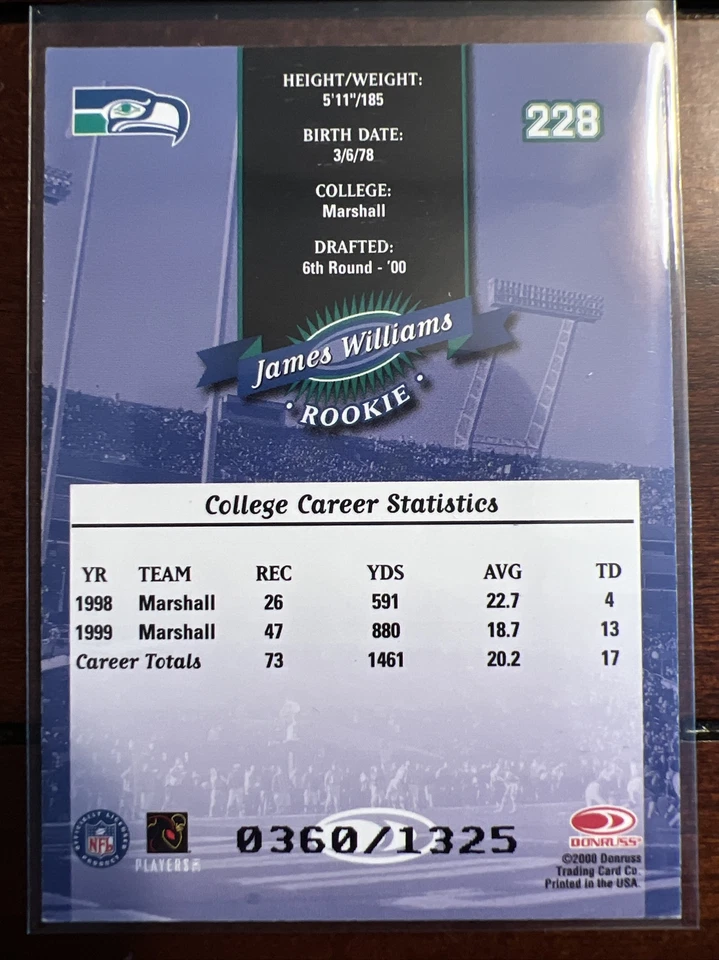 2000 Donruss #228 James Williams RC Seattle Seahawks  /1325 - Image 2 of 2