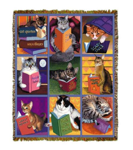 TIGER CAT NAP BOOKS Cats in the Library Reading TAPESTRY THROW AFGHAN BLANKET - Picture 1 of 1