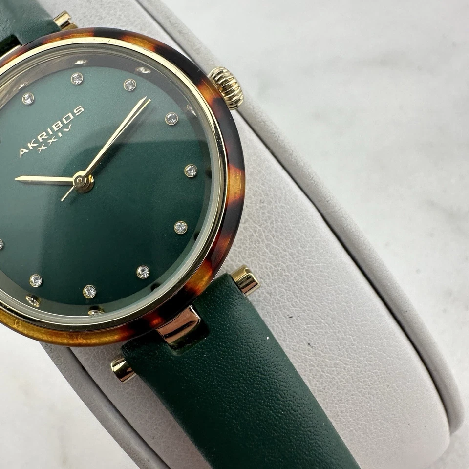 Akribos XXIV Women's Tortoise Bezel Green Dial Leather, New Battery - Image 3 of 4