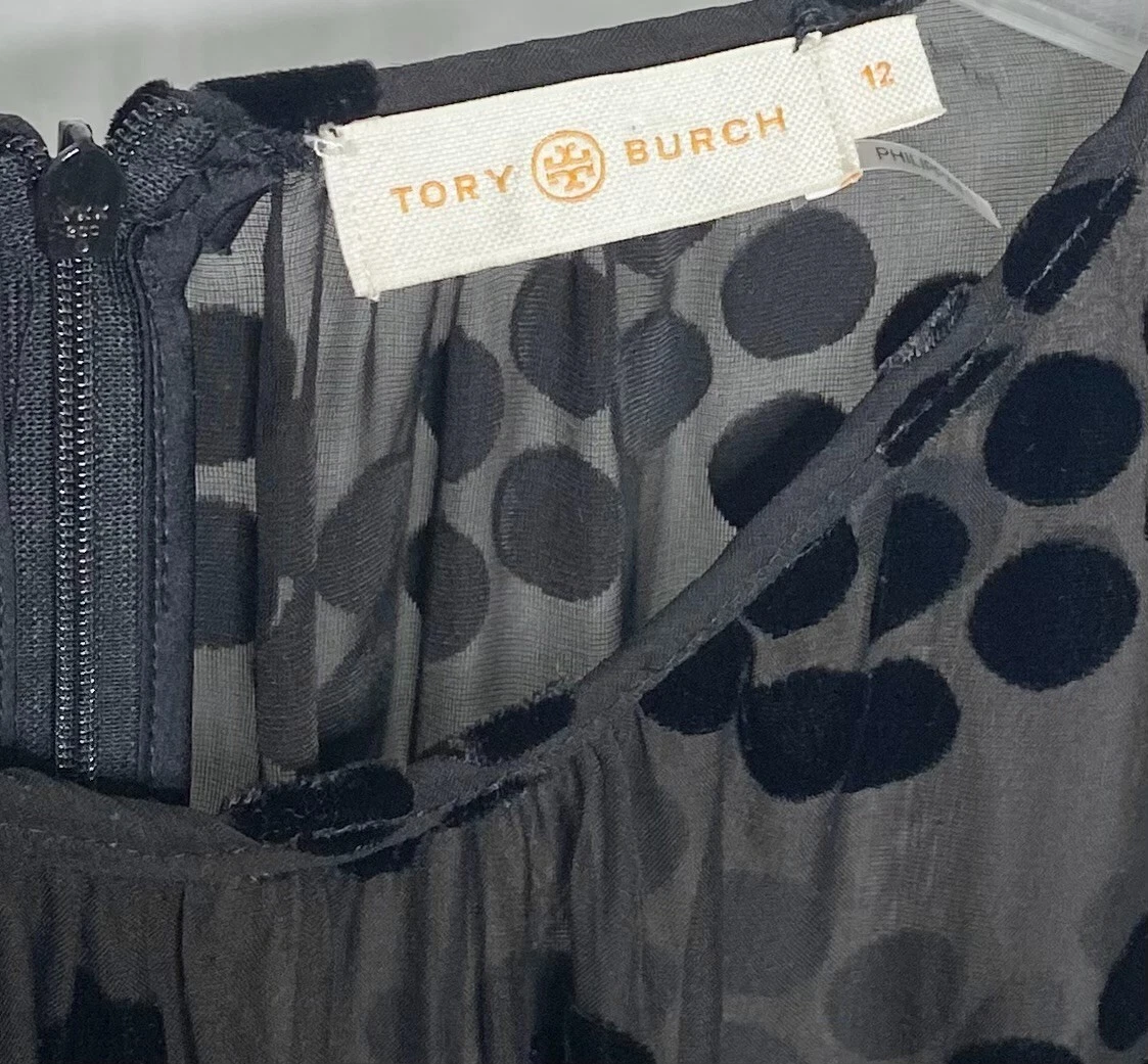 Abito TORY BURCH nero velluto burnout a pois devore 12 = L (scollo alterato)