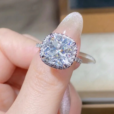 4.96Ctw Cushion Moissanite Hidden Halo Engagement Ring In 14K White Gold Plated