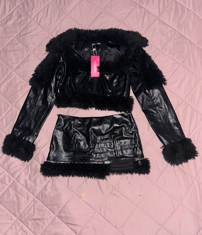 Conjunto de chaqueta/falda de piel negra de dos piezas SHEIN