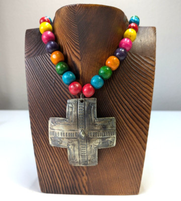 Artisan Made Mexican Impressed Metal Cross & Wood Beaded Statement Necklace