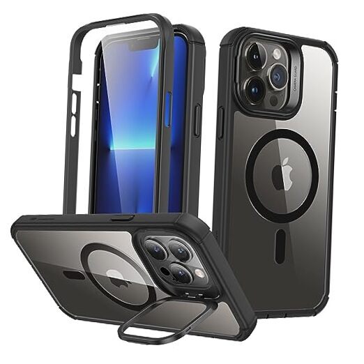 for Case, Full Body Shockproof Case iPhone 13 Pro Max Clear Black+Stand