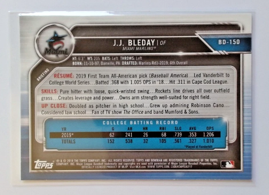 JJ Bleday 2019 1st Bowman Sky Blue Parallel /499 #BD-150 Marlins RC - Image 3 of 3