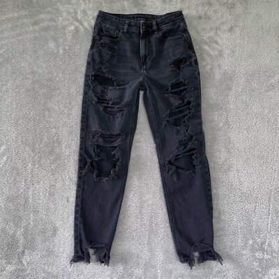 American Eagle Jeans Womens 2 Black Mom Faded Ripped Distressed Denim