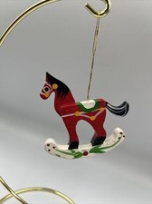 Vintage Christmas Ornament 1970s Red Wood Hand Painted Rocking Horse Cute Face