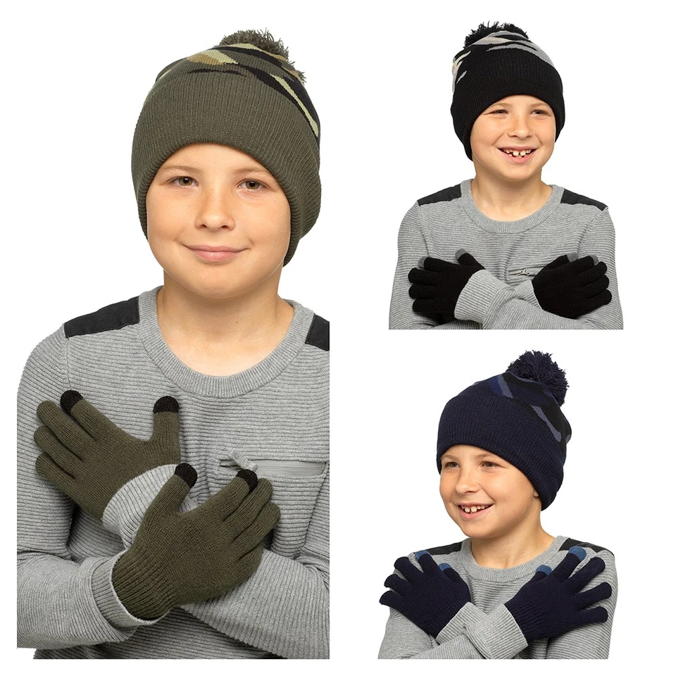 TF KIDS Boys Camo Bobble Hat & Touchscreen Gloves Winter Knit Set 6–12 Years