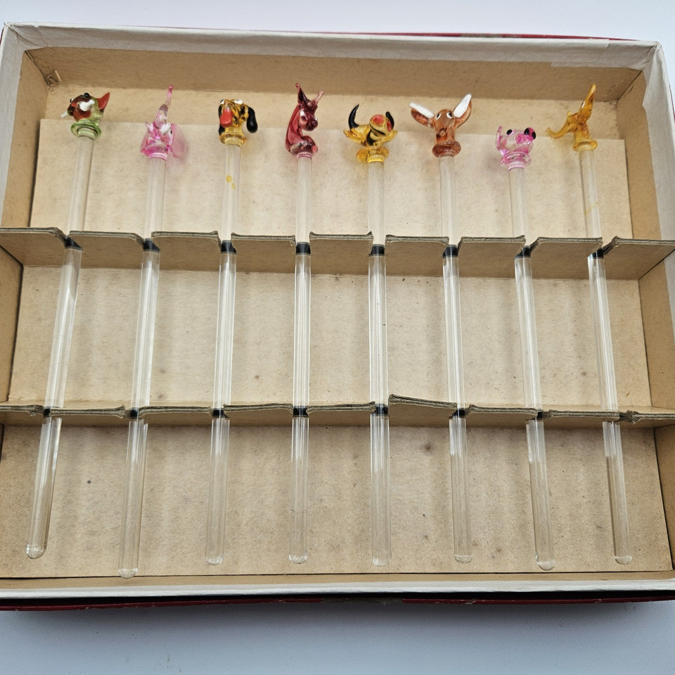 Vintage Crown Glass New York 8-Piece Hand-Blown Animal Swizzle Stick Set