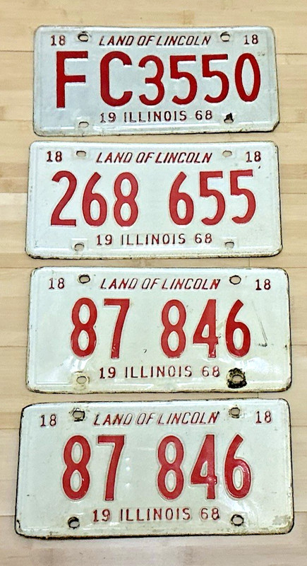4 Collectable Illinois 1968 Lic. Plates - FC3550, 268-655, One Pair 87-846