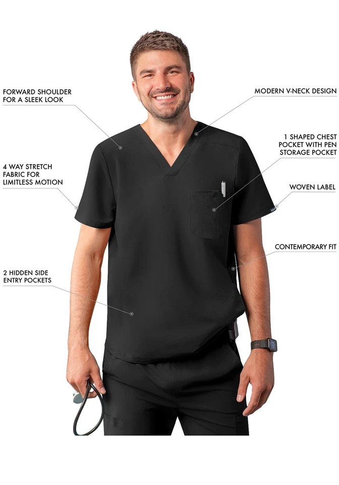 Adar Addition Scrubs For Men - Modern Multi Pocket V-Neck Scrub Top - Image 3 of 4