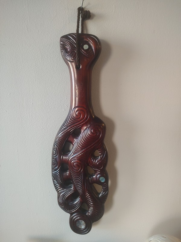 Wahaika Maori Patu New Zealand Club  Wood Hand Carved Abalone Inlaid Weapon