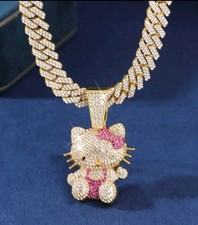 Sanrio Hello Kitty Gold Bling Necklace Iced Out Cuban Chain Rhinestone Pendant