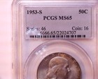 1953-S SILVER FRANKLIN HALF DOLLAR  PCGS MS65, Very nice, Light Toning — photo 1