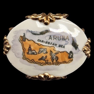 Vtg Aruba Souvenir Map Brooch Lusterware Porcelain Gold Tone Caribbean Sea Pin