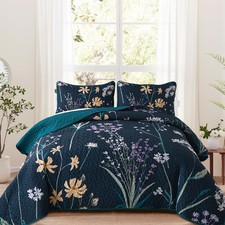 Floral Quilt Set King Size Dark Green Botanical Bedspread Coverlet 3 Pieces